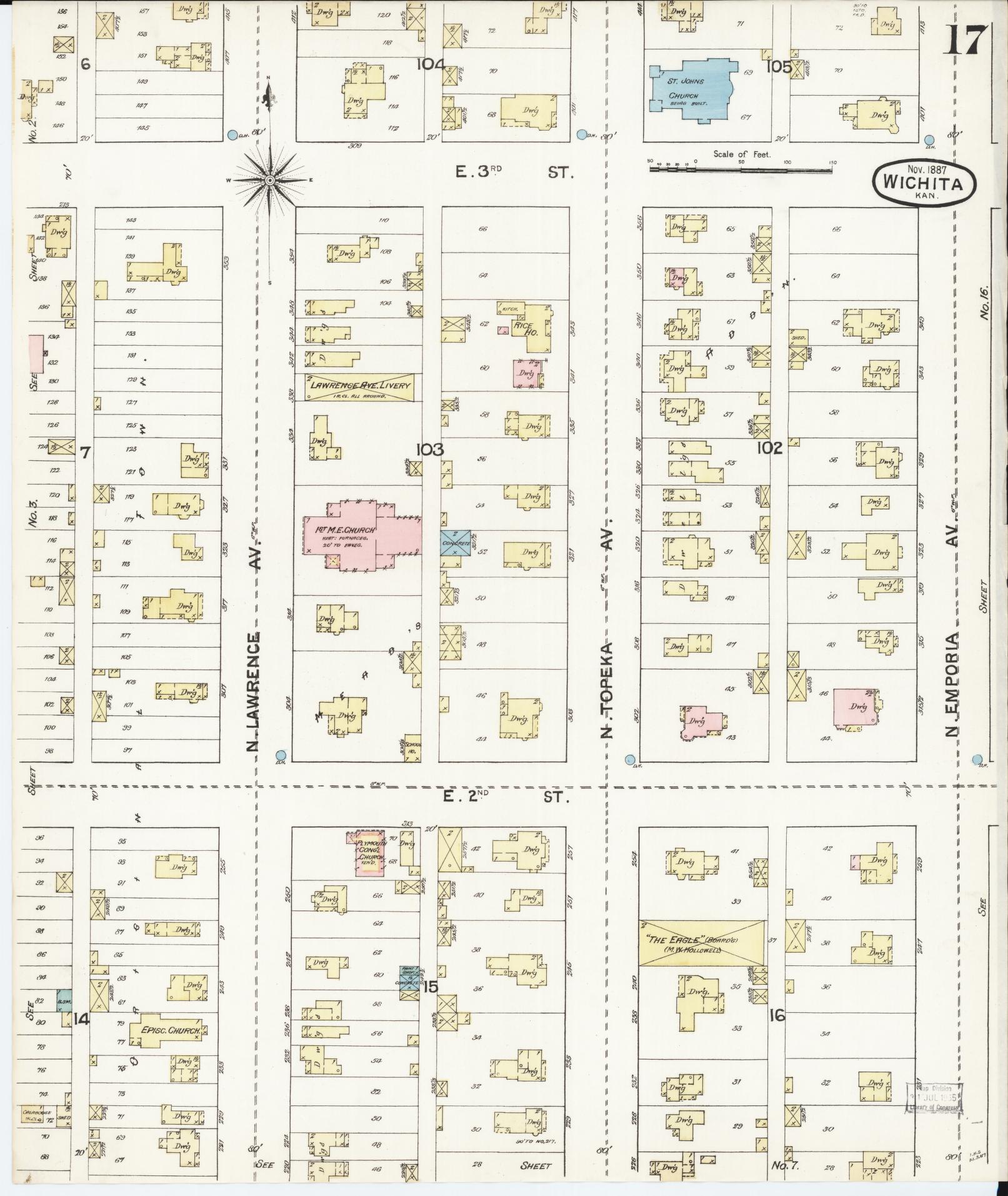 Sanborn Fire Insurance Map from Wichita, Sedgwick County, Kansas (1887), Sheet #0017 - Complete Map Set gallery image, historic Sanborn map, vintage wall art, Kansas Kansas