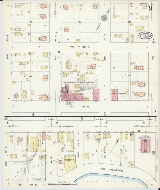 Sanborn Fire Insurance Map from Saint Cloud, Stearns, Benton, and Sherburne Counties, Minnesota (1913), Sheet #0009 - Historic Sanborn Fire Insurance Map Print, vintage old map wall art, antique decor, genealogy gift, Minnesota Minnesota map