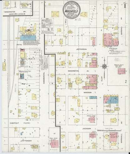 Sanborn Fire Insurance Map from Marshfield, Webster County, Missouri (1910), Sheet #0001 - Complete Map Set gallery image, historic Sanborn map, vintage wall art, Missouri Missouri