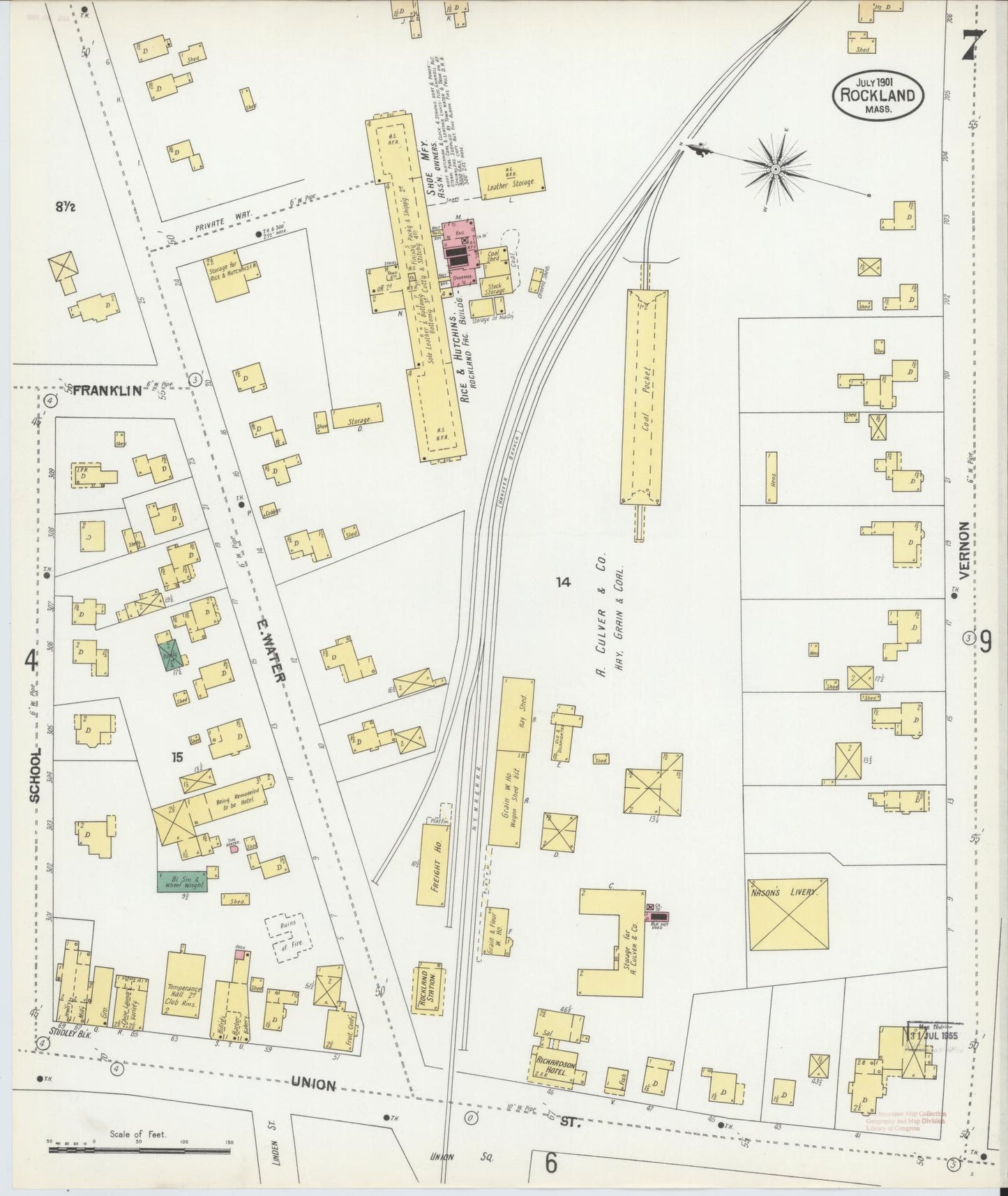 Sanborn Fire Insurance Map from Rockland, Plymouth County, Massachusetts (1901), Sheet #0007 - Historic Sanborn Fire Insurance Map Print, vintage old map wall art, antique decor, genealogy gift, Massachusetts Massachusetts map