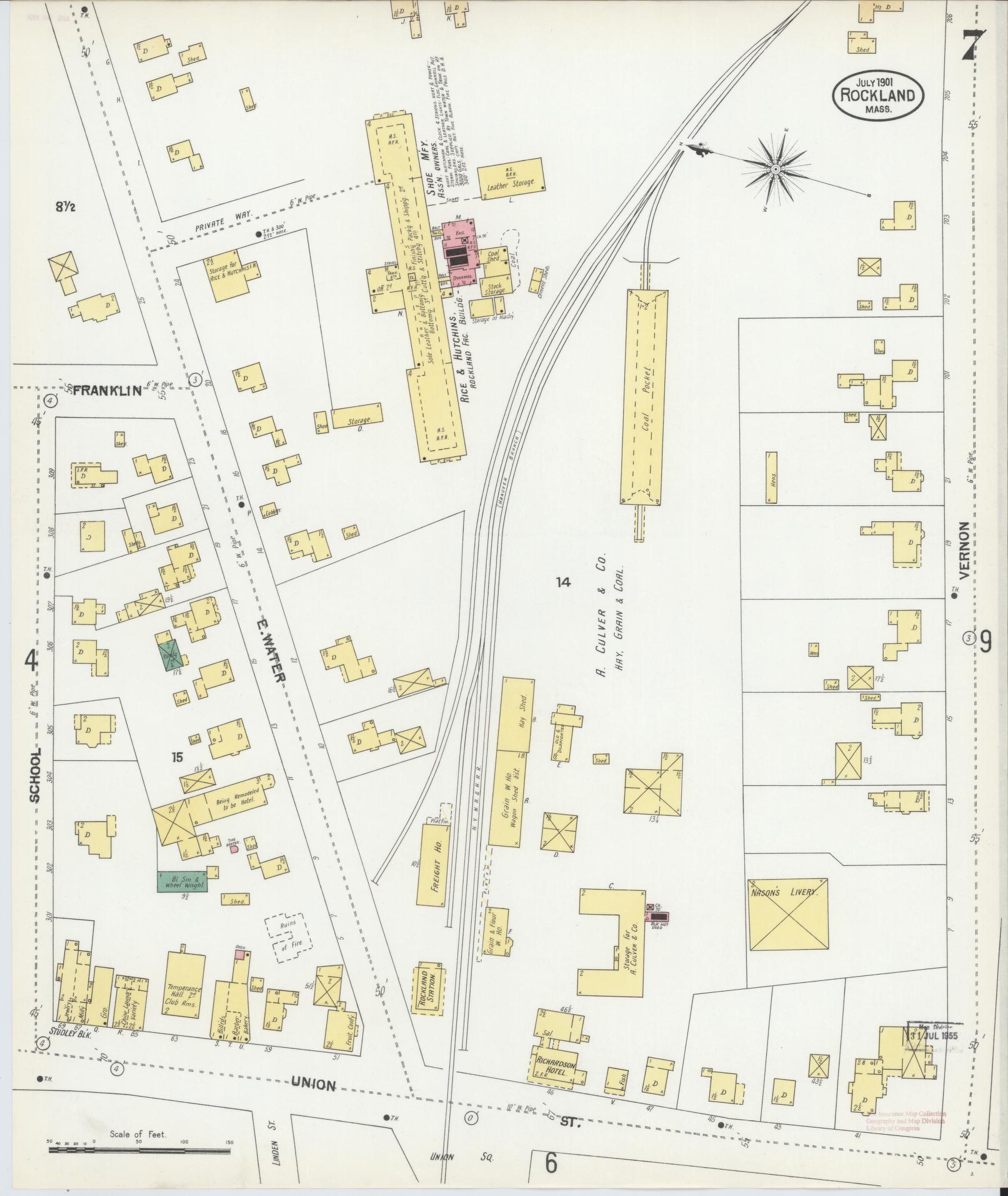 Sanborn Fire Insurance Map from Rockland, Plymouth County, Massachusetts (1901), Sheet #0007 - Historic Sanborn Fire Insurance Map Print, vintage old map wall art, antique decor, genealogy gift, Massachusetts Massachusetts map