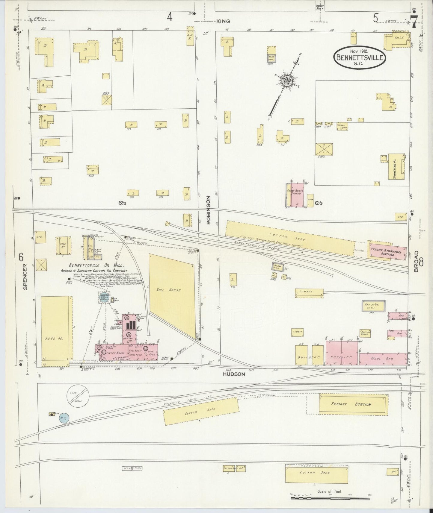 Sanborn Fire Insurance Map from Bennettsville, Marlboro County, South Carolina (1912), Sheet #0007 - Complete Map Set gallery image, historic Sanborn map, vintage wall art, South Carolina South Carolina