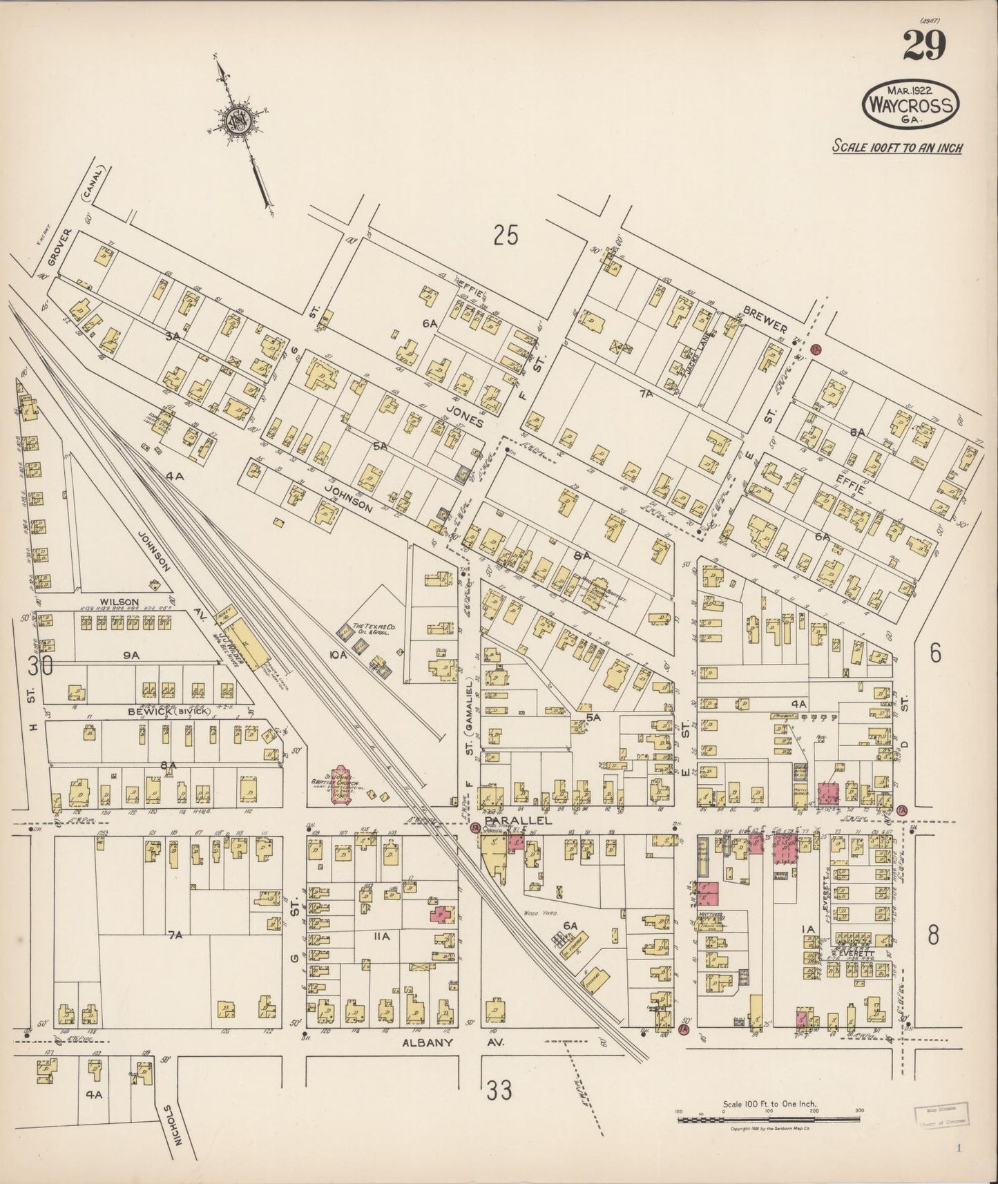 Sanborn Fire Insurance Map from Waycross, Ware County, Georgia (1922), Sheet #0029 - Complete Map Set gallery image, historic Sanborn map, vintage wall art, Georgia Georgia