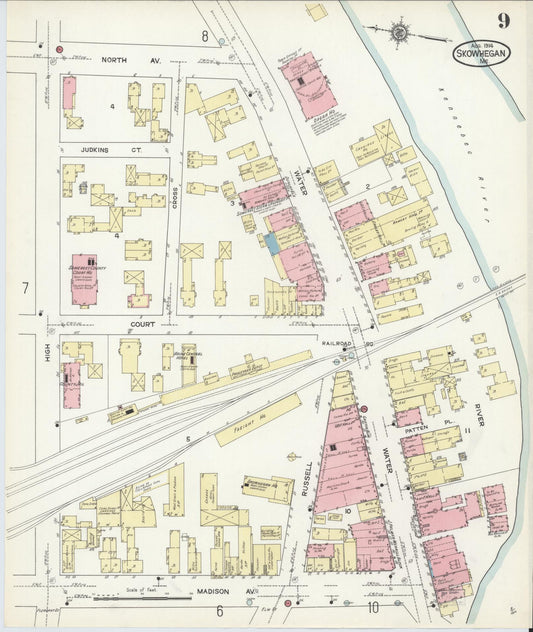 Sanborn Fire Insurance Map from Skowhegan, Somerset County, Maine (1914), Sheet #0009 - Historic Sanborn Fire Insurance Map Print, vintage old map wall art, antique decor, genealogy gift, Maine Maine map