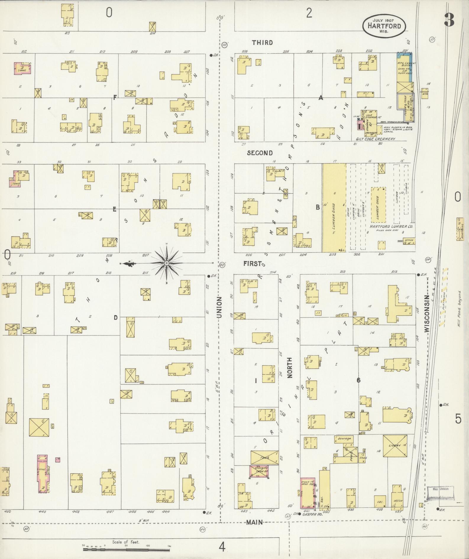 Sanborn Fire Insurance Map from Hartford, Washington County, Wisconsin (1907), Sheet #0003 - Complete Map Set gallery image, historic Sanborn map, vintage wall art, Wisconsin Wisconsin