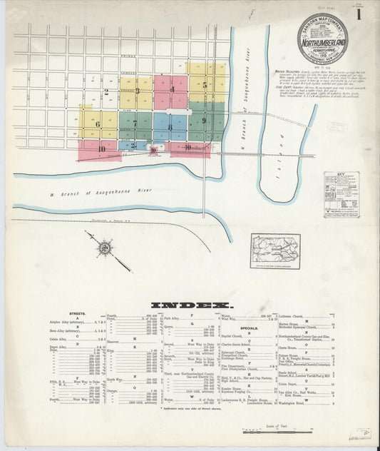 Sanborn Fire Insurance Map from Northumberland, Northumberland County, Pennsylvania (1913), Sheet #0001 - Historic Sanborn Fire Insurance Map Print, vintage old map wall art, antique decor, genealogy gift, Pennsylvania Pennsylvania map