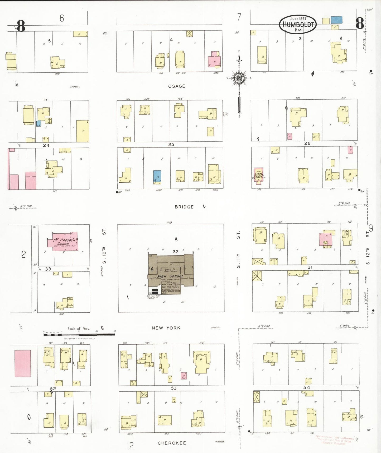 Sanborn Fire Insurance Map from Humboldt, Allen County, Kansas (1927), Sheet #0008 - Historic Sanborn Fire Insurance Map Print, vintage old map wall art, antique decor, genealogy gift, Kansas Kansas map
