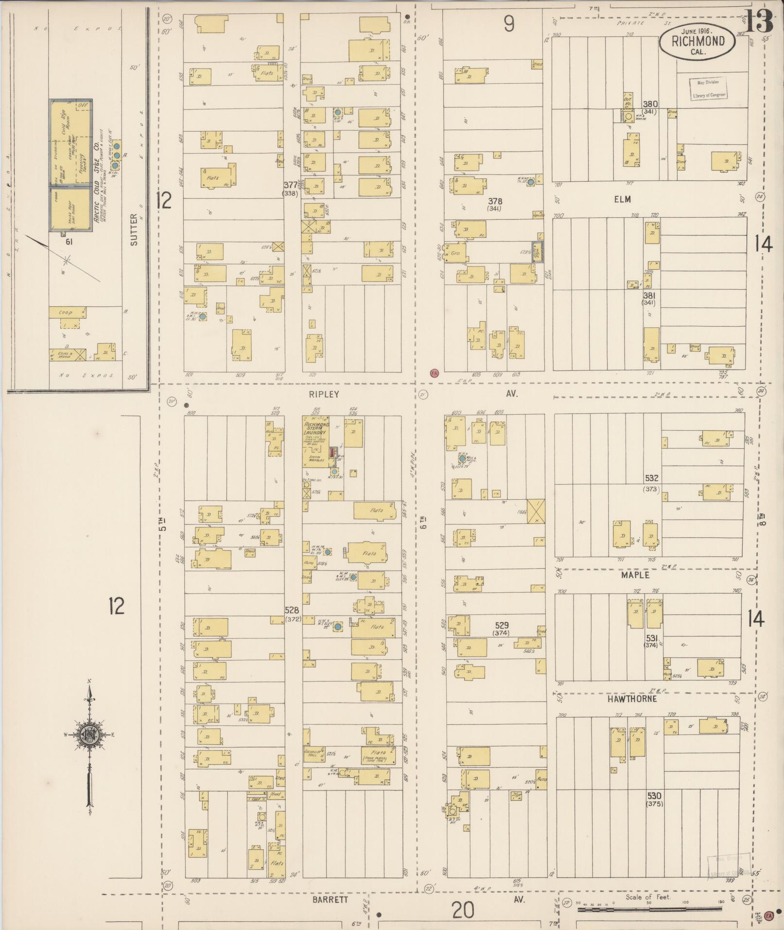 Sanborn Fire Insurance Map from Richmond, Contra Costa County, California (1916), Sheet #0013 - Complete Map Set gallery image, historic Sanborn map, vintage wall art, California California