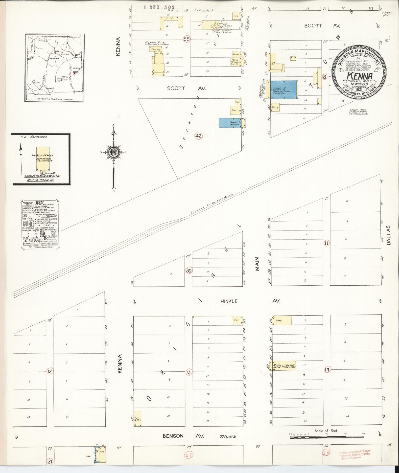 Sanborn Fire Insurance Map from Kenna, Roosevelt County, New Mexico (1921), Sheet #0001 - Historic Sanborn Fire Insurance Map Print, vintage old map wall art, antique decor, genealogy gift, New Mexico New Mexico map
