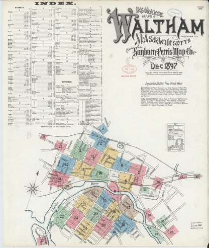 Sanborn Fire Insurance Map from Waltham, Middlesex County, Massachusetts (1897), Sheet #0001 - Historic Sanborn Fire Insurance Map Print, vintage old map wall art, antique decor, genealogy gift, Massachusetts Massachusetts map