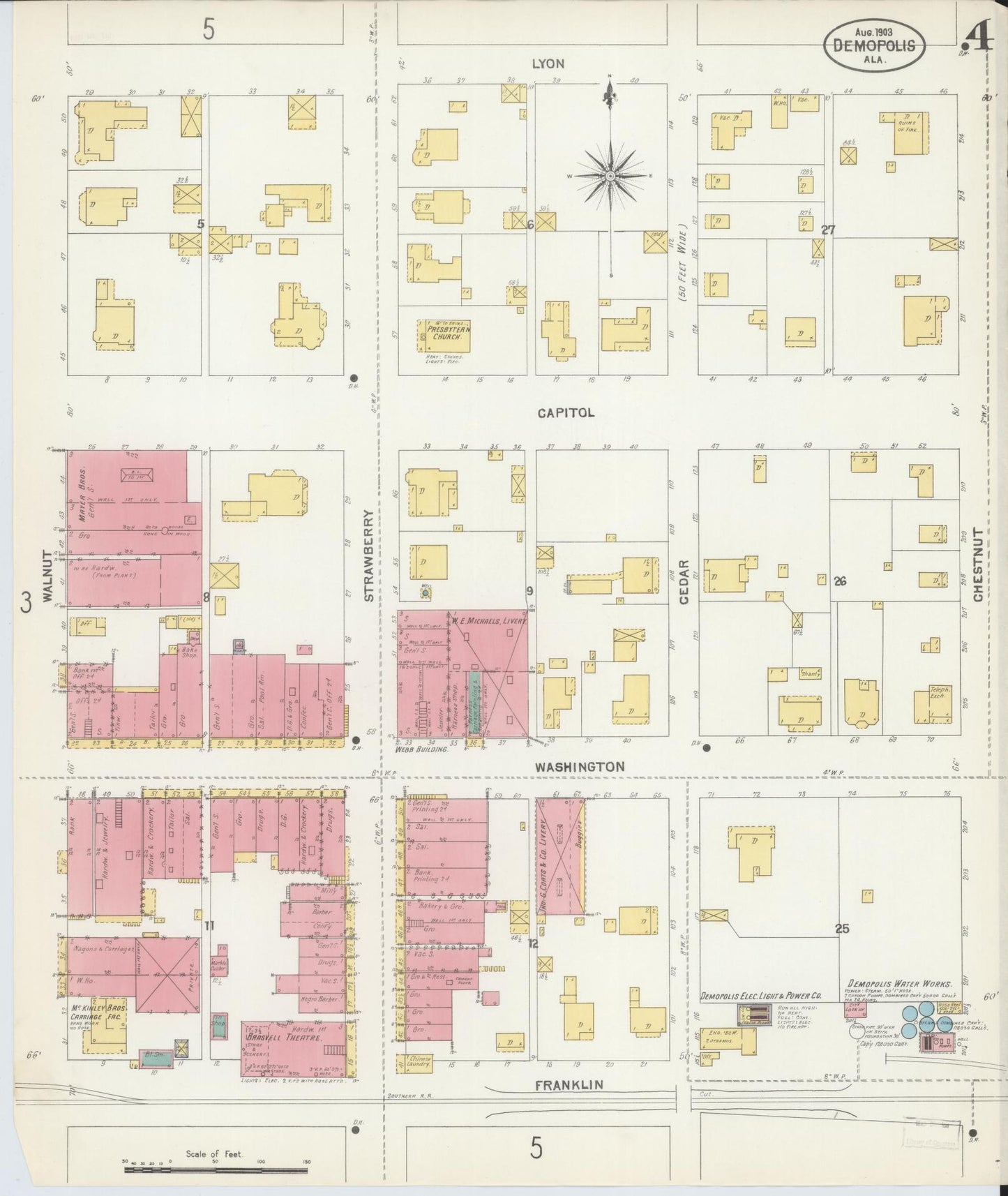 Sanborn Fire Insurance Map from Demopolis, Marengo County, Alabama (1903), Sheet #0004 - Historic Sanborn Fire Insurance Map Print, vintage old map wall art, antique decor, genealogy gift, Alabama Alabama map