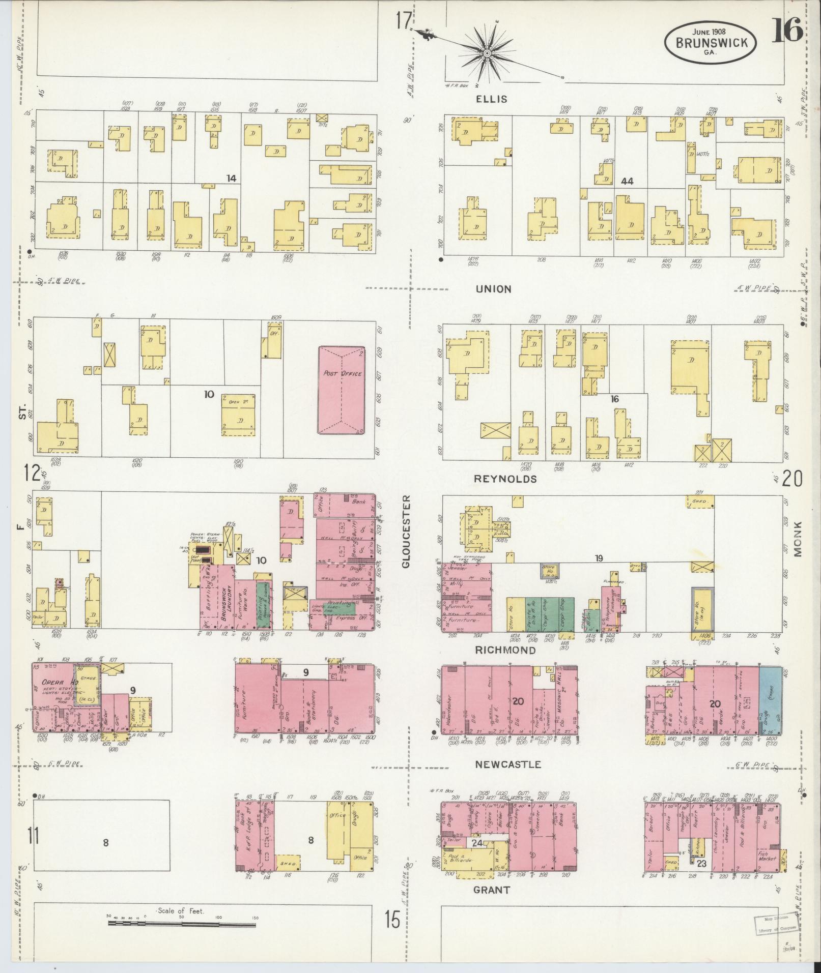 Sanborn Fire Insurance Map from Brunswick, Glynn County, Georgia (1908), Sheet #0016 - Complete Map Set gallery image, historic Sanborn map, vintage wall art, Georgia Georgia