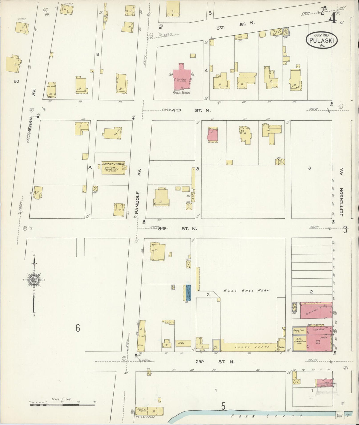 Sanborn Fire Insurance Map from Pulaski, Pulaski County, Virginia (1913), Sheet #0004 - Historic Sanborn Fire Insurance Map Print, vintage old map wall art, antique decor, genealogy gift, Virginia Virginia map