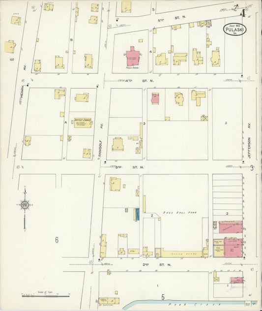 Sanborn Fire Insurance Map from Pulaski, Pulaski County, Virginia (1913), Sheet #0004 - Historic Sanborn Fire Insurance Map Print, vintage old map wall art, antique decor, genealogy gift, Virginia Virginia map