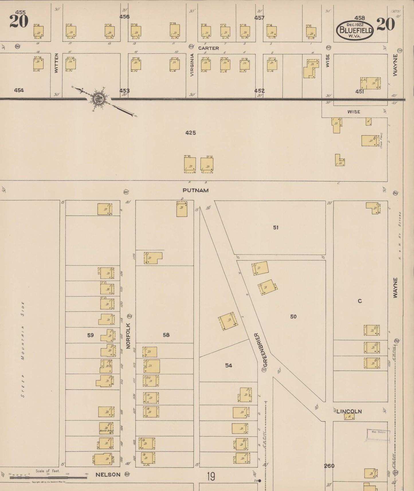 Sanborn Fire Insurance Map from Bluefield, Mercer County, West Virginia (1922), Sheet #0020 - Historic Sanborn Fire Insurance Map Print, vintage old map wall art, antique decor, genealogy gift, West Virginia West Virginia map