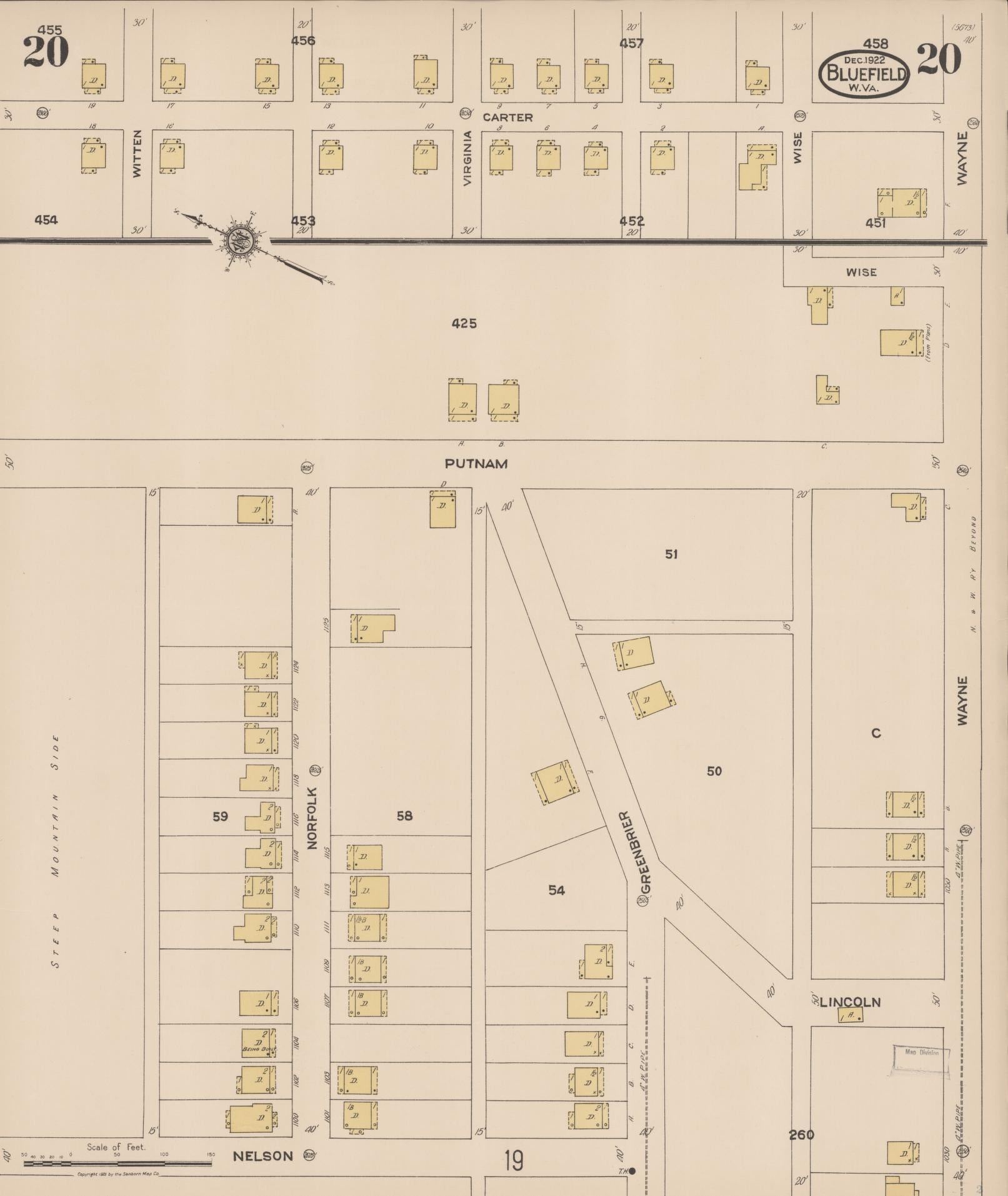 Sanborn Fire Insurance Map from Bluefield, Mercer County, West Virginia (1922), Sheet #0020 - Historic Sanborn Fire Insurance Map Print, vintage old map wall art, antique decor, genealogy gift, West Virginia West Virginia map