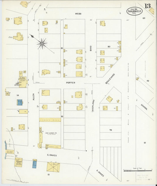 Sanborn Fire Insurance Map from San Angelo, Tom Green County, Texas (1908), Sheet #0013 - Historic Sanborn Fire Insurance Map Print, vintage old map wall art, antique decor, genealogy gift, Texas Texas map