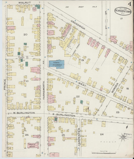 Sanborn Fire Insurance Map from Bordentown, Burlington County, New Jersey (1886), Sheet #0004 - Historic Sanborn Fire Insurance Map Print, vintage old map wall art, antique decor, genealogy gift, New Jersey New Jersey map