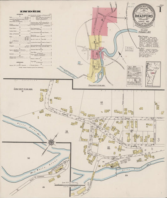 Sanborn Fire Insurance Map from Bradford, Orange County, Vermont (1922), Sheet #0001 - Historic Sanborn Fire Insurance Map Print, vintage old map wall art, antique decor, genealogy gift, Vermont Vermont map