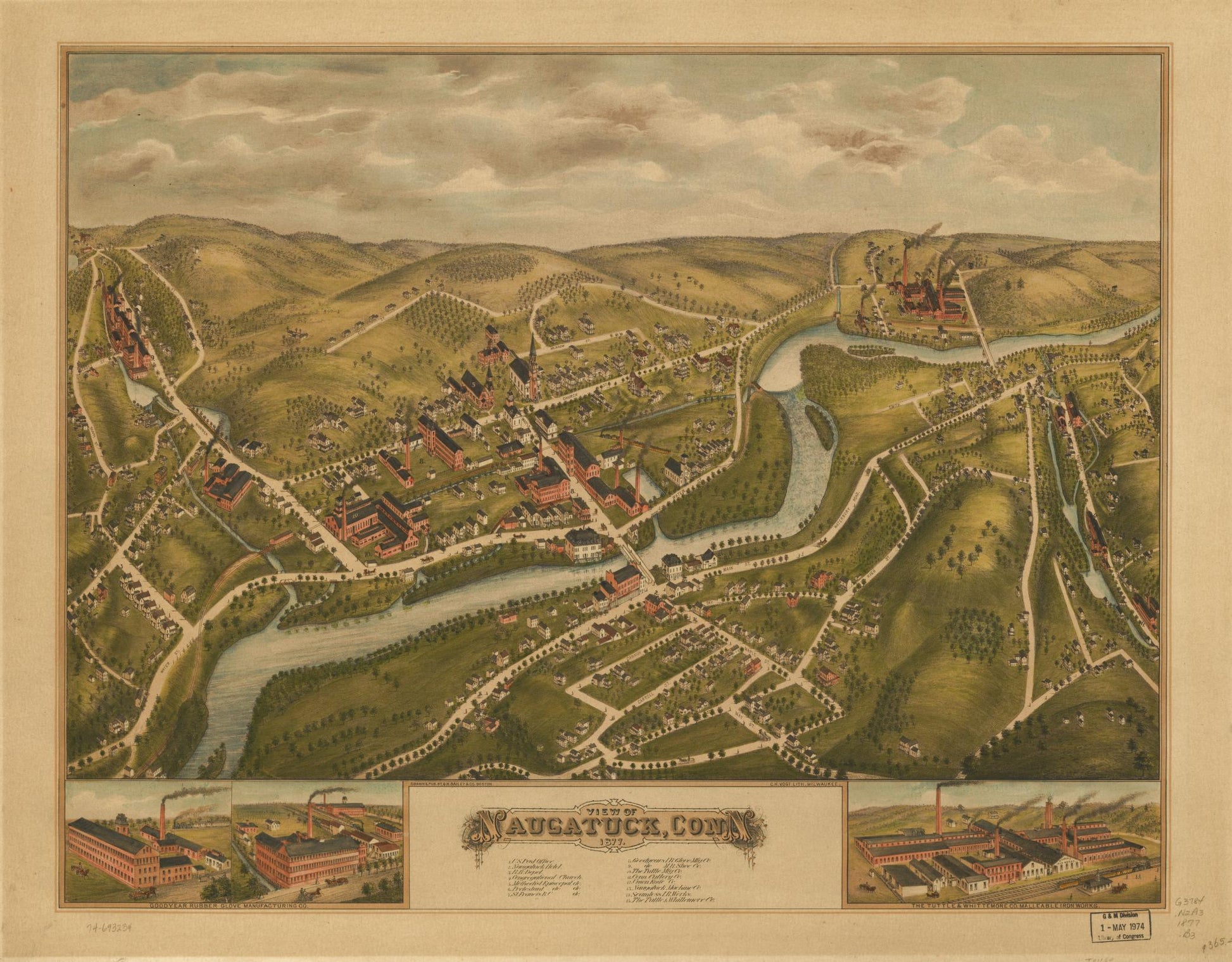 View of Naugatuck, Conn. 1877. (1877) – Historic Bird’s-Eye View Panorama Print