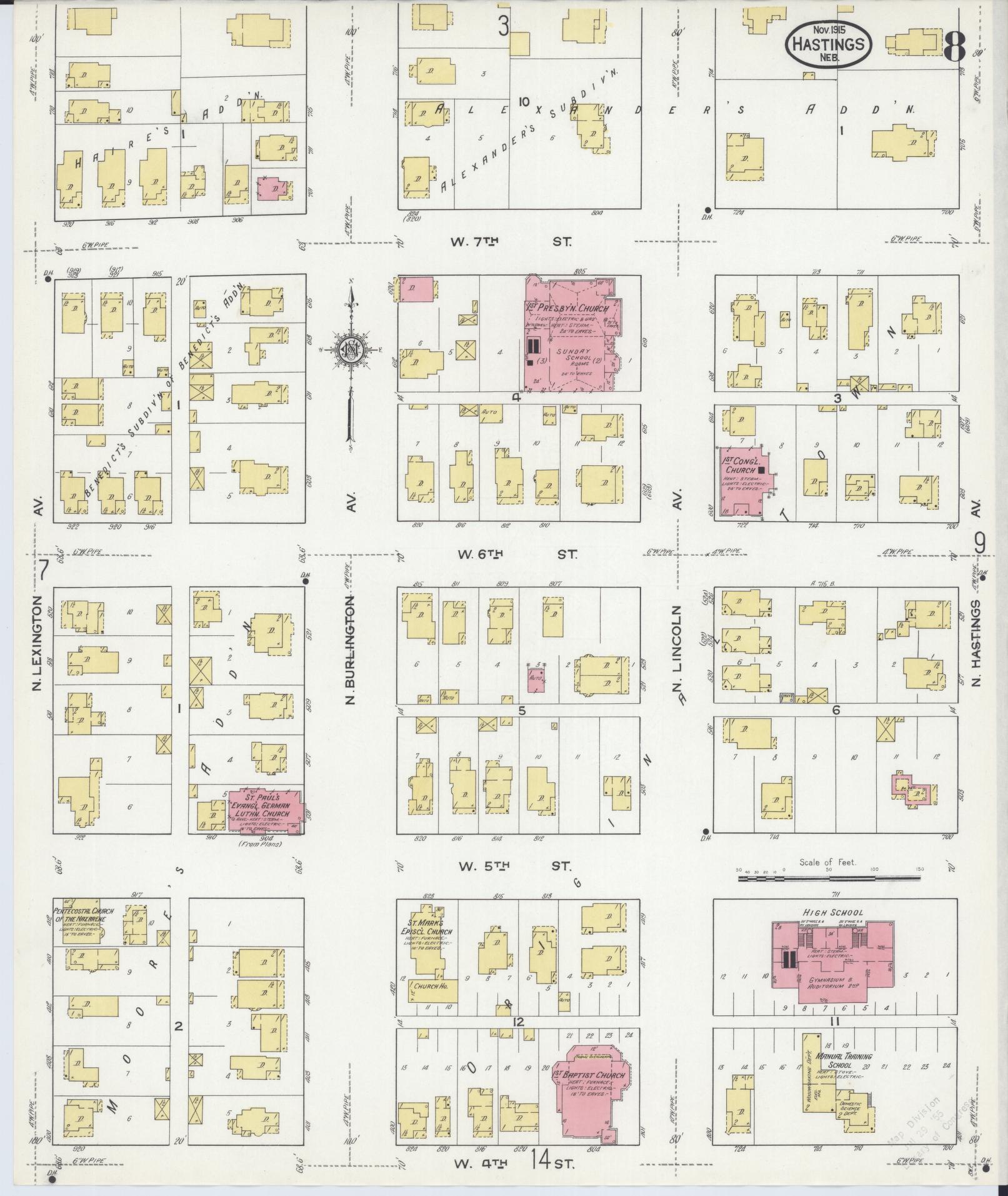Sanborn Fire Insurance Map from Hastings, Adams County, Nebraska (1915), Sheet #0008 - Historic Sanborn Fire Insurance Map Print, vintage old map wall art, antique decor, genealogy gift, Nebraska Nebraska map