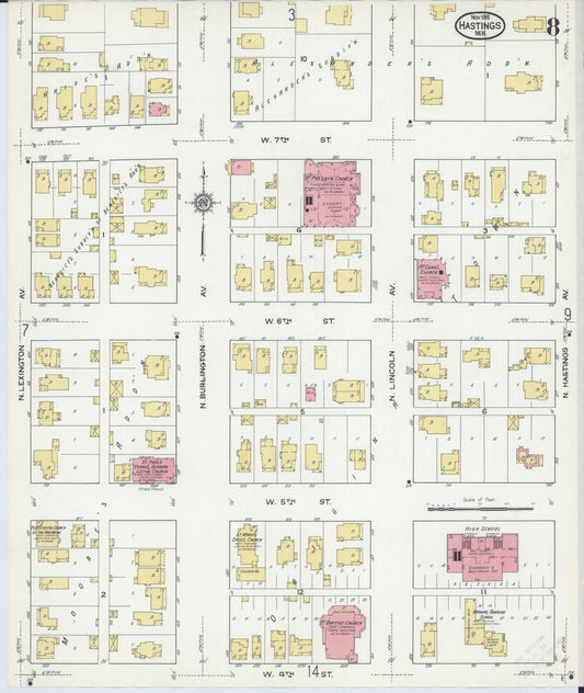 Sanborn Fire Insurance Map from Hastings, Adams County, Nebraska (1915), Sheet #0008 - Historic Sanborn Fire Insurance Map Print, vintage old map wall art, antique decor, genealogy gift, Nebraska Nebraska map