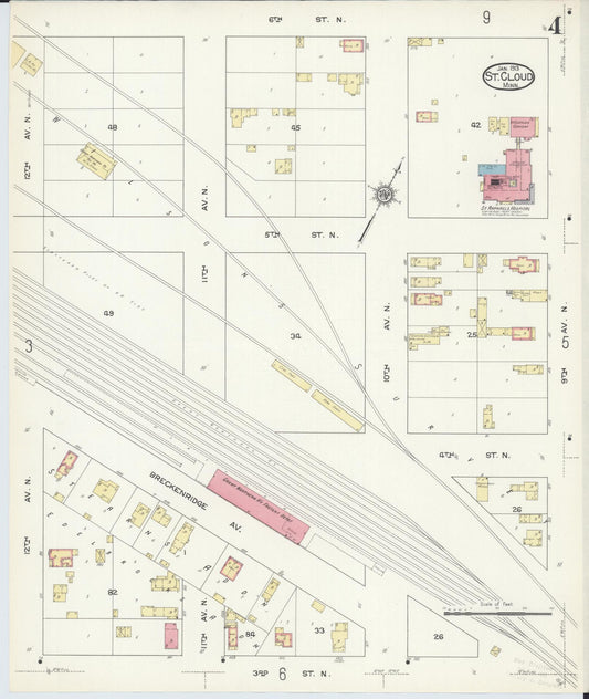 Sanborn Fire Insurance Map from Saint Cloud, Stearns, Benton, and Sherburne Counties, Minnesota (1913), Sheet #0004 - Historic Sanborn Fire Insurance Map Print, vintage old map wall art, antique decor, genealogy gift, Minnesota Minnesota map
