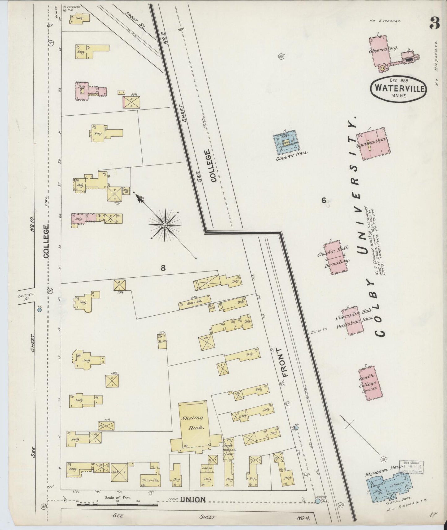 Sanborn Fire Insurance Map from Waterville, Kennebec County, Maine (1889), Sheet #0003 - Complete Map Set gallery image, historic Sanborn map, vintage wall art, Maine Maine