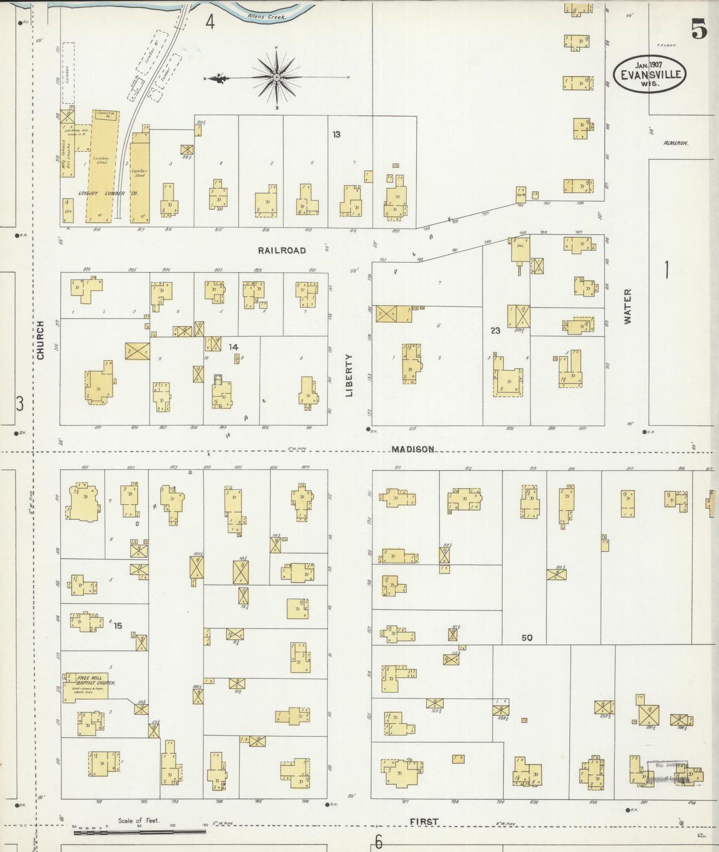 Sanborn Fire Insurance Map from Evansville, Rock County, Wisconsin (1907), Sheet #0005 - Complete Map Set gallery image, historic Sanborn map, vintage wall art, Wisconsin Wisconsin