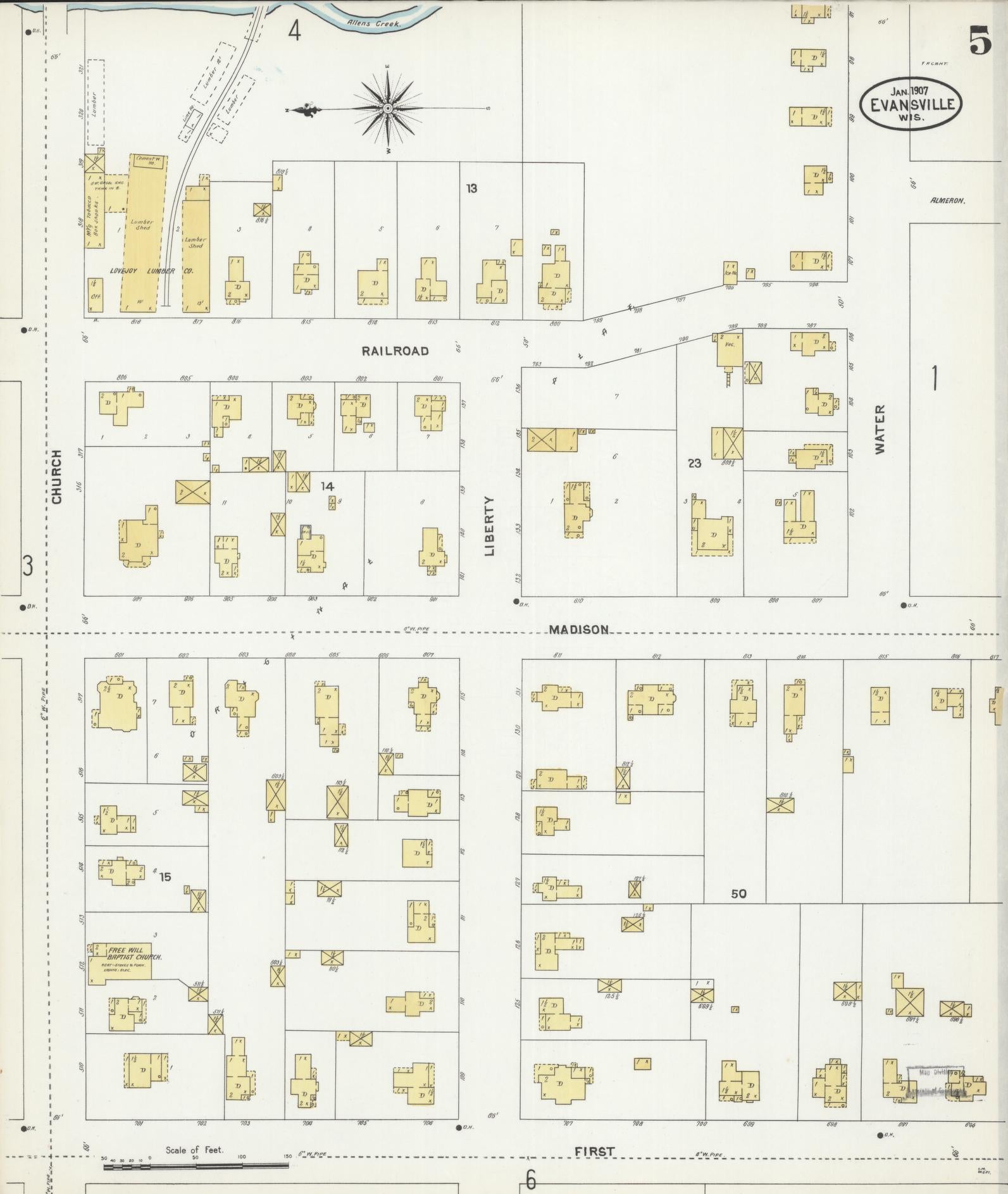 Sanborn Fire Insurance Map from Evansville, Rock County, Wisconsin (1907), Sheet #0005 - Complete Map Set gallery image, historic Sanborn map, vintage wall art, Wisconsin Wisconsin
