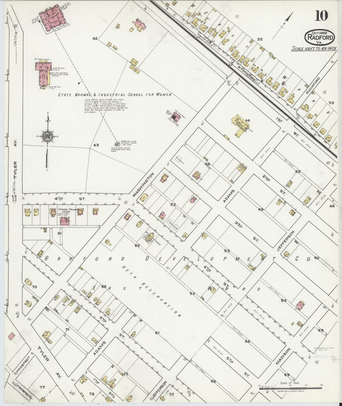 Sanborn Fire Insurance Map from Radford, Independent Cities, Virginia (1920), Sheet #0010 - Historic Sanborn Fire Insurance Map Print, vintage old map wall art, antique decor, genealogy gift, Virginia Virginia map