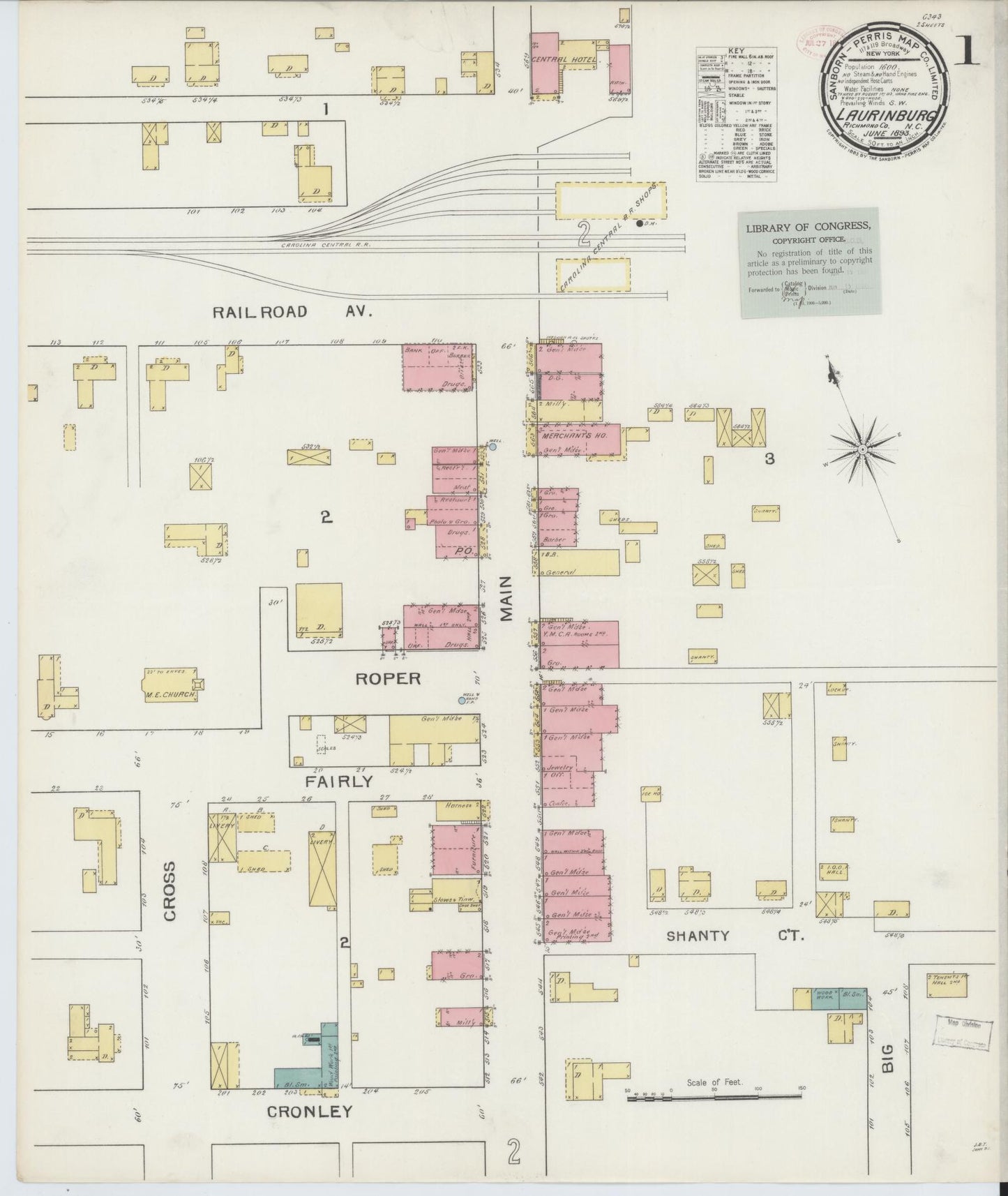 Sanborn Fire Insurance Map from Laurinburg, Scotland County, North Carolina (1893), Sheet #0001 - Complete Map Set gallery image, historic Sanborn map, vintage wall art, North Carolina North Carolina
