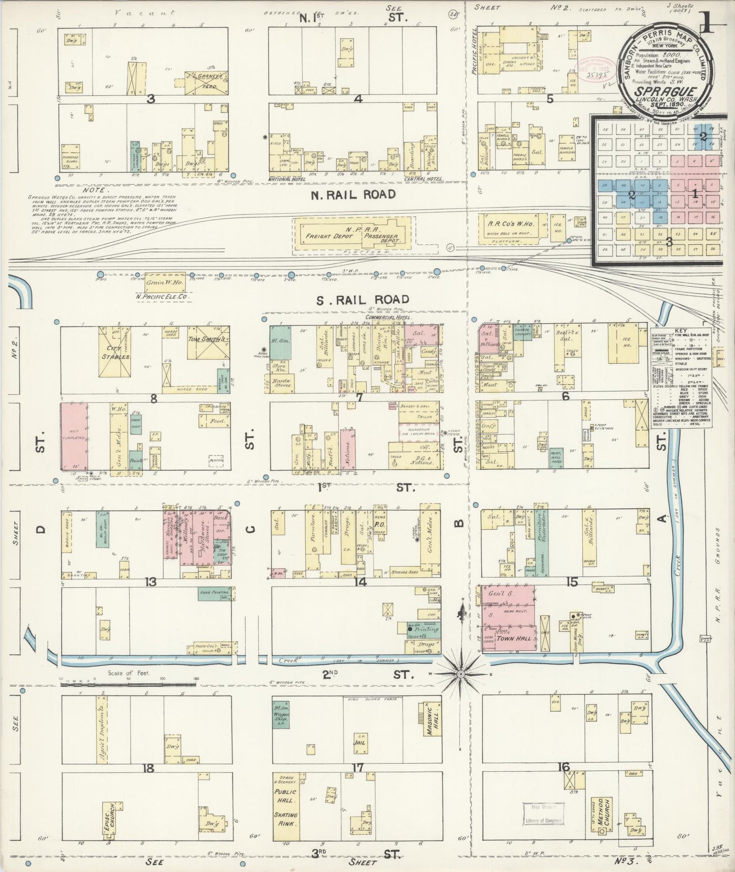 Sanborn Fire Insurance Map from Sprague, Lincoln County, Washington (1890), Sheet #0001 - Complete Map Set gallery image, historic Sanborn map, vintage wall art, Washington Washington