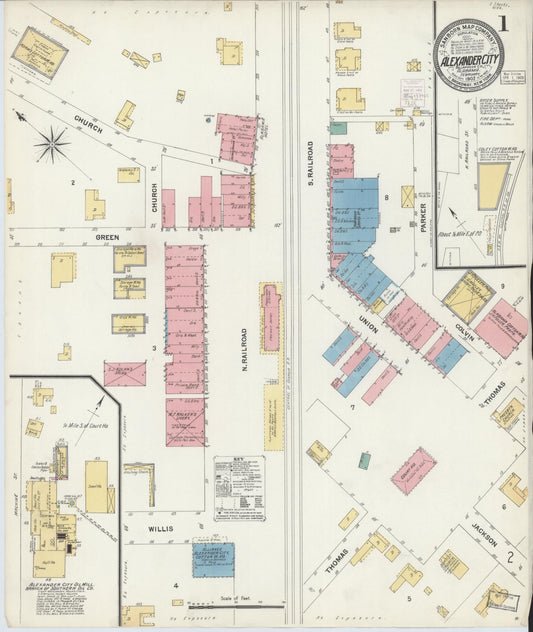 Sanborn Fire Insurance Map from Alexander City, Tallapoosa County, Alabama (1903), Sheet #0001 - Complete Map Set gallery image, historic Sanborn map, vintage wall art, Alabama Alabama