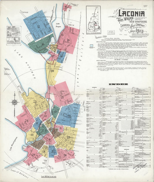 Sanborn Fire Insurance Map from Laconia, Belknap County, New Hampshire (1923), Sheet #0001 - Historic Sanborn Fire Insurance Map Print, vintage old map wall art, antique decor, genealogy gift, New Hampshire New Hampshire map