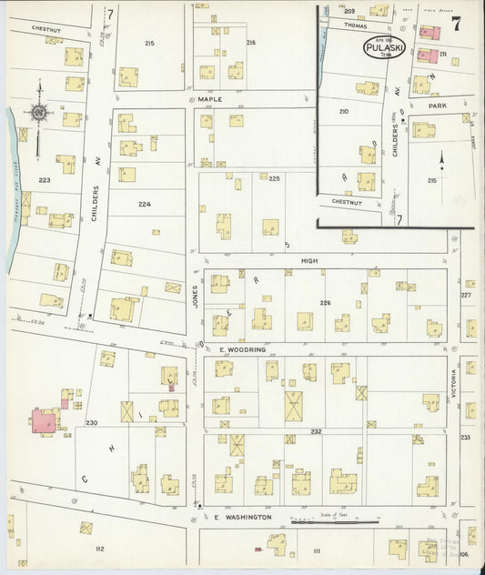 Sanborn Fire Insurance Map from Pulaski, Giles County, Tennessee (1916), Sheet #0007 - Historic Sanborn Fire Insurance Map Print, vintage old map wall art, antique decor, genealogy gift, Tennessee Tennessee map