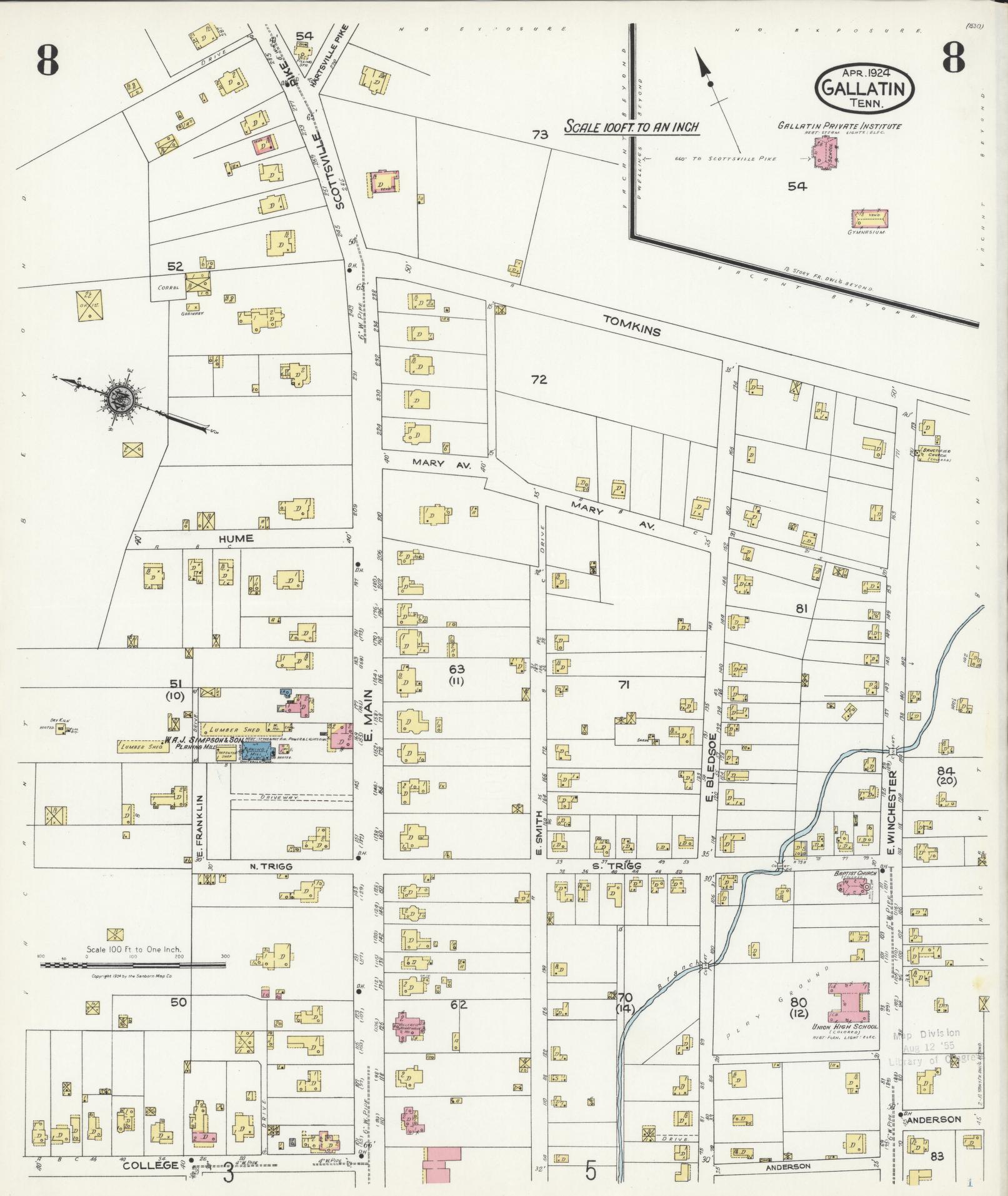 Sanborn Fire Insurance Map from Gallatin, Sumner County, Tennessee (1924), Sheet #0008 - Complete Map Set gallery image, historic Sanborn map, vintage wall art, Tennessee Tennessee