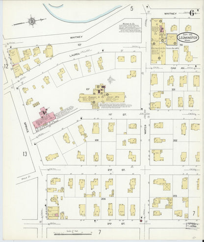 Sanborn Fire Insurance Map from Leominster, Worcester County, Massachusetts (1912), Sheet #0006 - Historic Sanborn Fire Insurance Map Print, vintage old map wall art, antique decor, genealogy gift, Massachusetts Massachusetts map