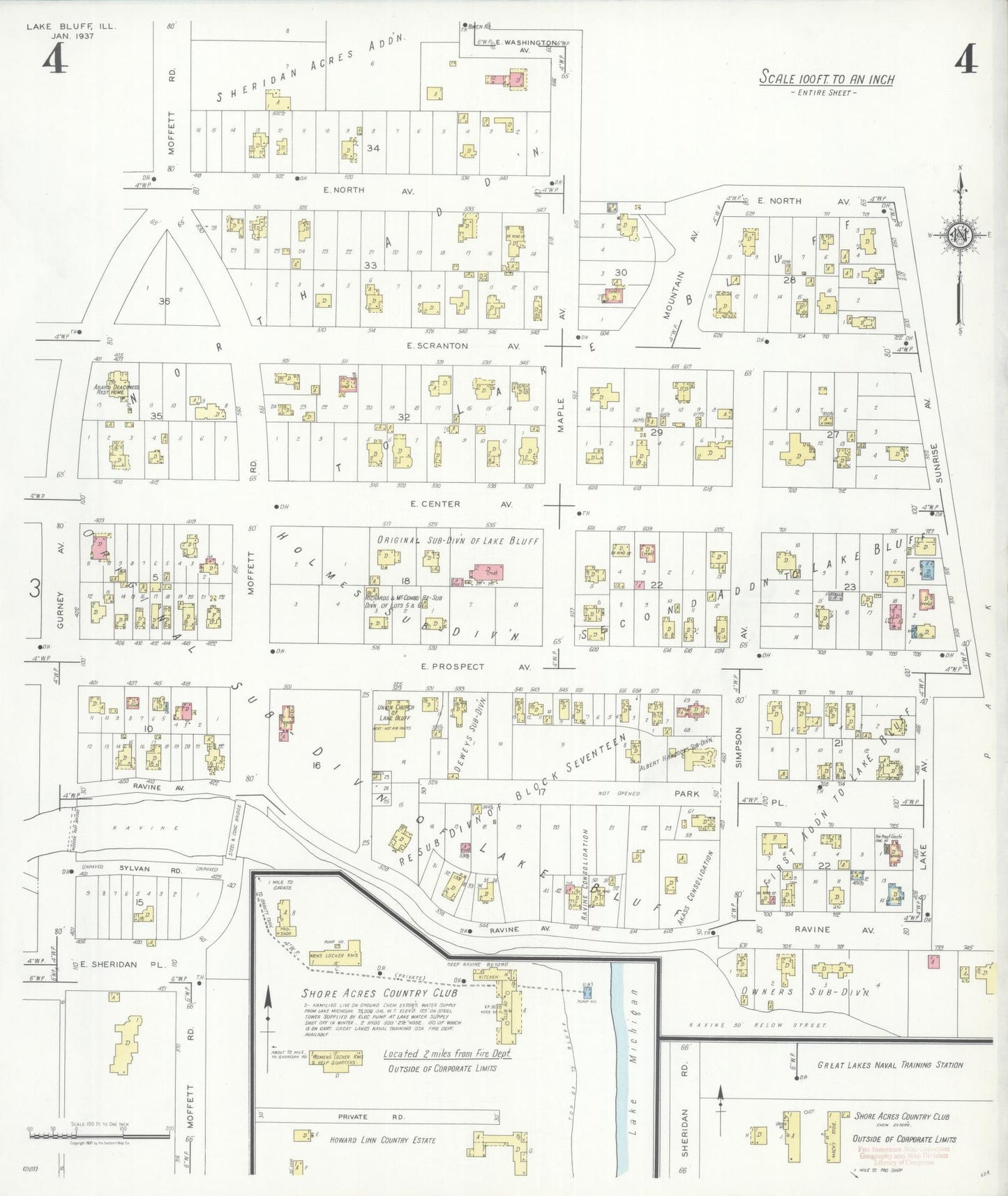Sanborn Fire Insurance Map from Lake Bluff, Lake County, Illinois (1937), Sheet #0004 - Historic Sanborn Fire Insurance Map Print, vintage old map wall art, antique decor, genealogy gift, Illinois Illinois map