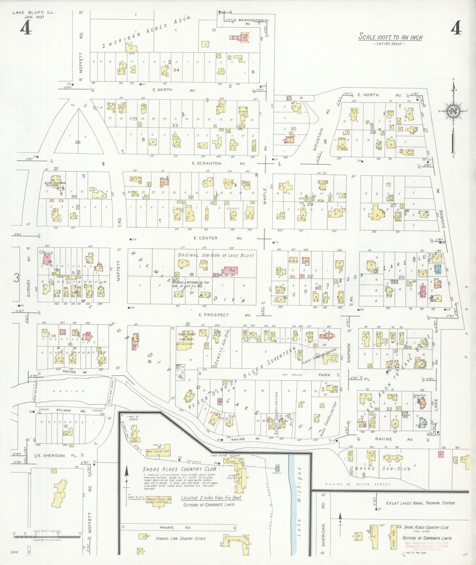 Sanborn Fire Insurance Map from Lake Bluff, Lake County, Illinois (1937), Sheet #0004 - Historic Sanborn Fire Insurance Map Print, vintage old map wall art, antique decor, genealogy gift, Illinois Illinois map