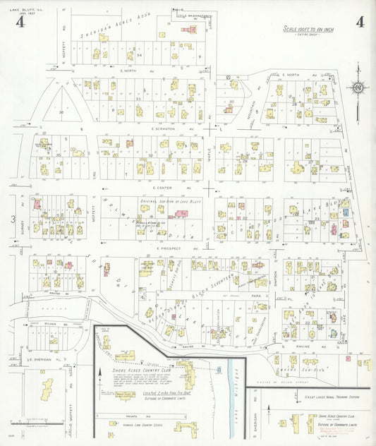 Sanborn Fire Insurance Map from Lake Bluff, Lake County, Illinois (1937), Sheet #0004 - Historic Sanborn Fire Insurance Map Print, vintage old map wall art, antique decor, genealogy gift, Illinois Illinois map
