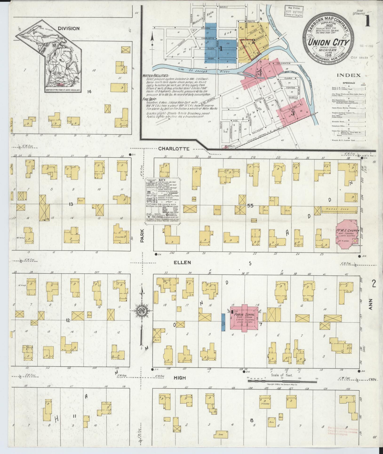 Sanborn Fire Insurance Map from Union City, Branch And Calhoun Counties, Michigan (1918), Sheet #0001 - Complete Map Set gallery image, historic Sanborn map, vintage wall art, Michigan Michigan