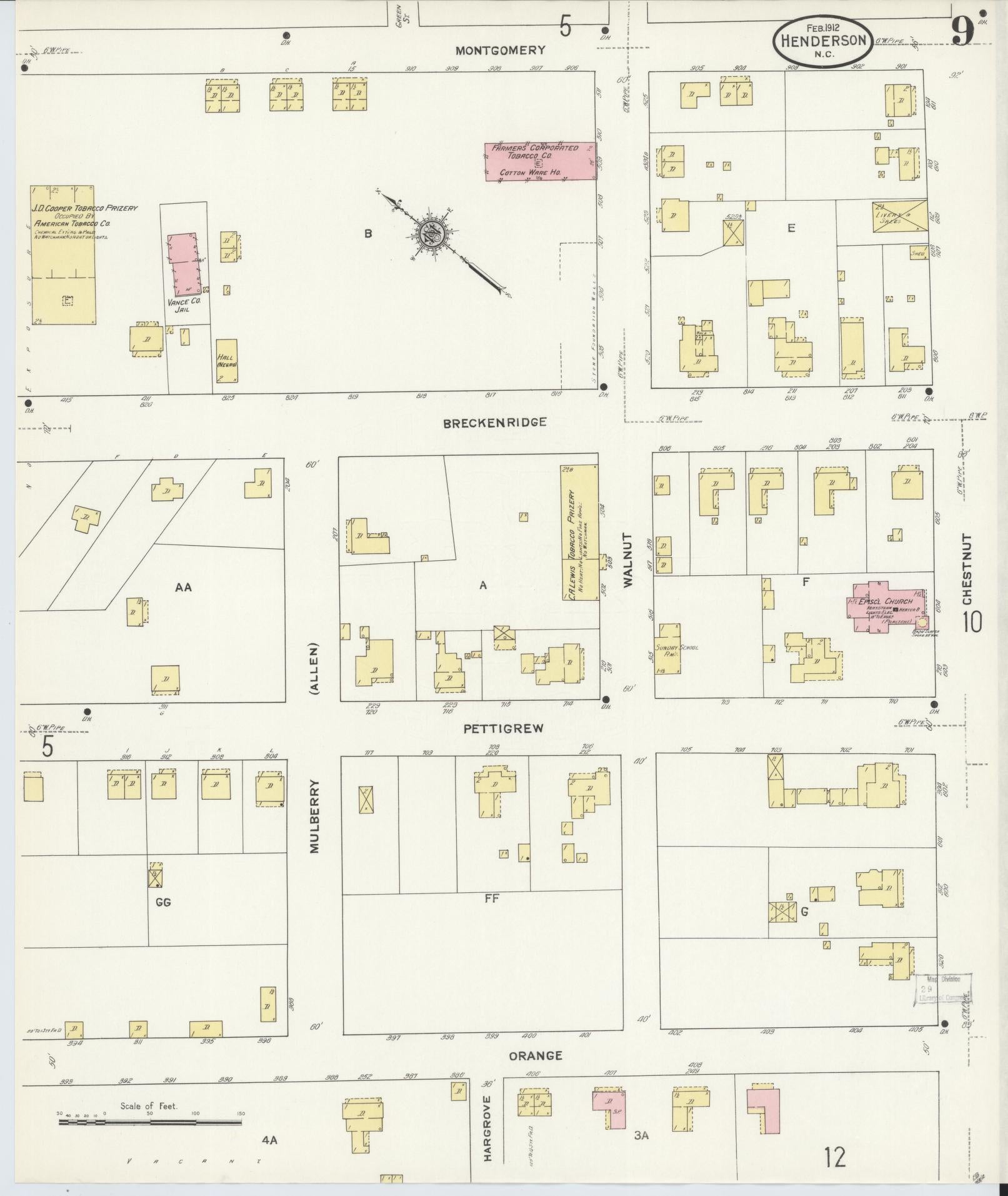 Sanborn Fire Insurance Map from Henderson, Vance County, North Carolina (1912), Sheet #0009 - Historic Sanborn Fire Insurance Map Print, vintage old map wall art, antique decor, genealogy gift, North Carolina North Carolina map