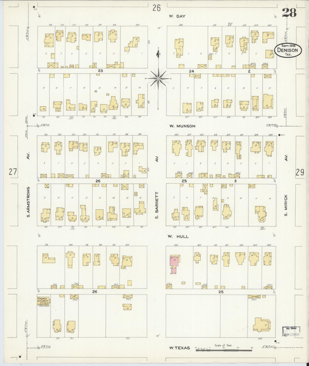 Sanborn Fire Insurance Map from Denison, Grayson County, Texas (1908), Sheet #0028 - Complete Map Set gallery image, historic Sanborn map, vintage wall art, Texas Texas