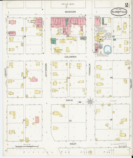 Sanborn Fire Insurance Map from Bloomfield, Davis County, Iowa (1893), Sheet #0002 - Historic Sanborn Fire Insurance Map Print, vintage old map wall art
