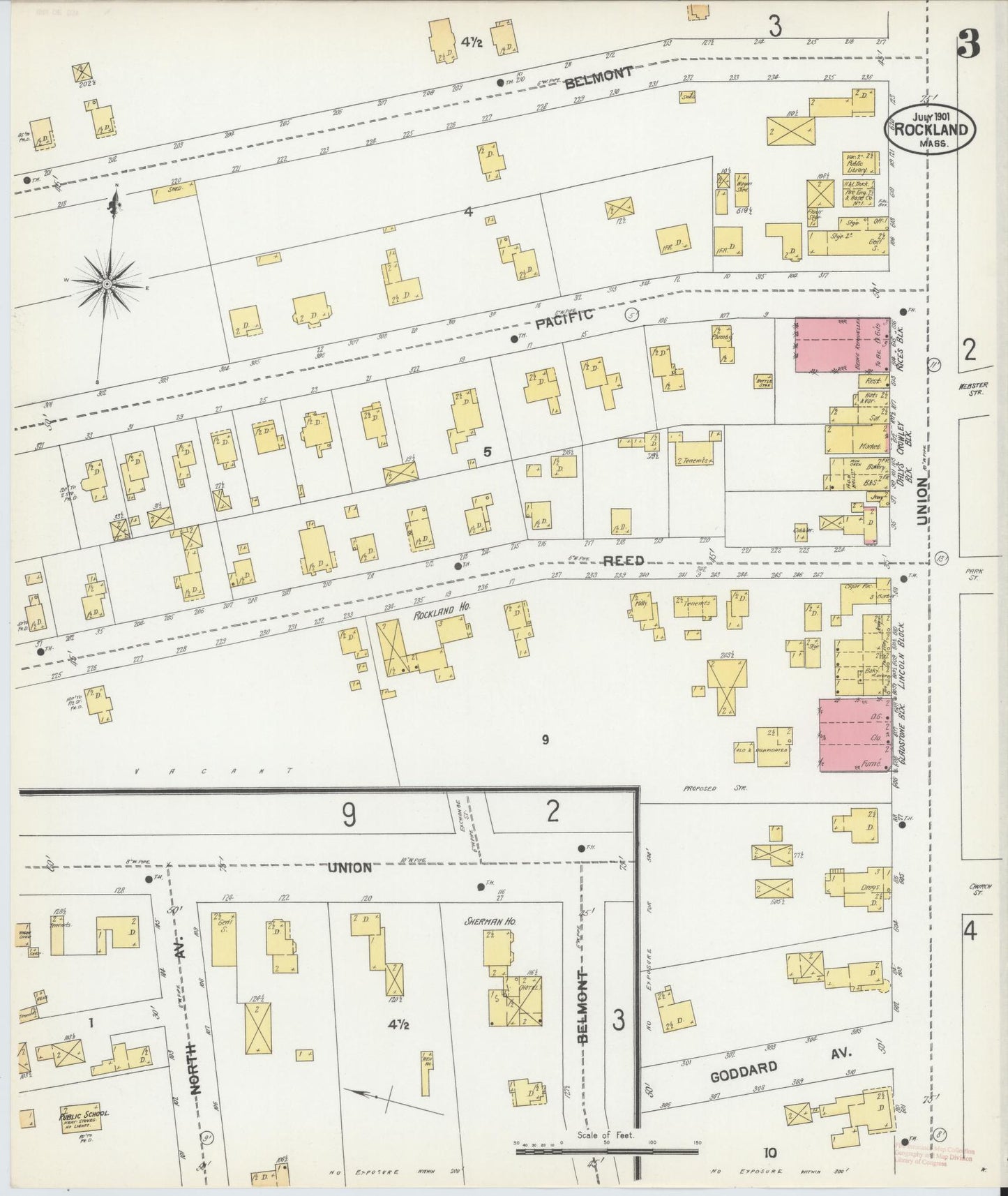 Sanborn Fire Insurance Map from Rockland, Plymouth County, Massachusetts (1901), Sheet #0003 - Historic Sanborn Fire Insurance Map Print, vintage old map wall art, antique decor, genealogy gift, Massachusetts Massachusetts map