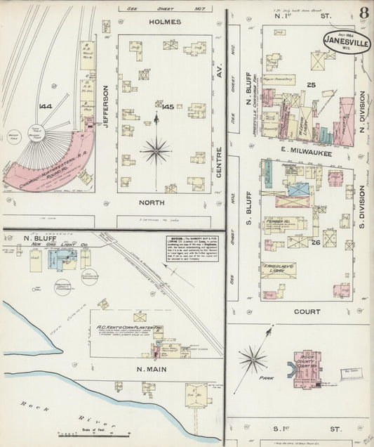 Sanborn Fire Insurance Map from Janesville, Rock County, Wisconsin (1884), Sheet #0008 - Historic Sanborn Fire Insurance Map Print, vintage old map wall art, antique decor, genealogy gift, Wisconsin Wisconsin map
