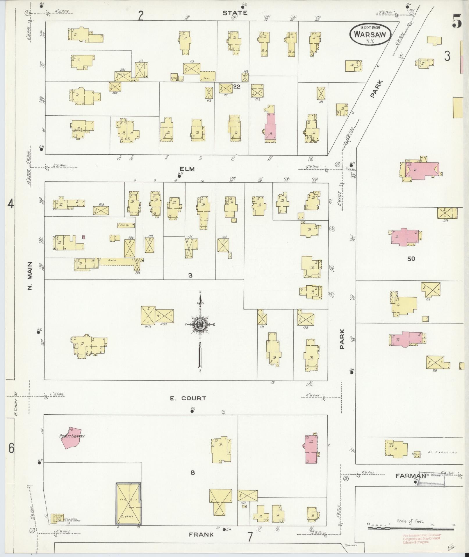 Sanborn Fire Insurance Map from Warsaw, Wyoming County, New York (1909), Sheet #0005 - Historic Sanborn Fire Insurance Map Print, vintage old map wall art, antique decor, genealogy gift, Warsaw Wyoming map