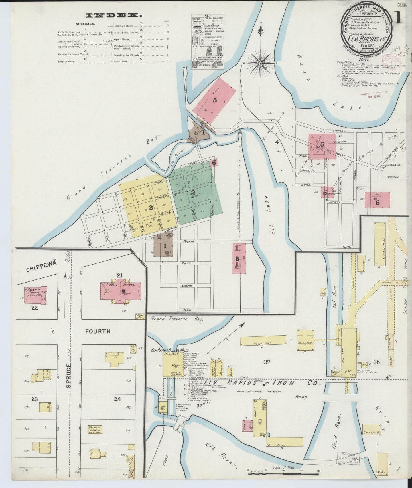 Sanborn Fire Insurance Map from Elk Rapids, Antrim County, Michigan (1895), Sheet #0001 - Historic Sanborn Fire Insurance Map Print, vintage old map wall art, antique decor, genealogy gift, Michigan Michigan map