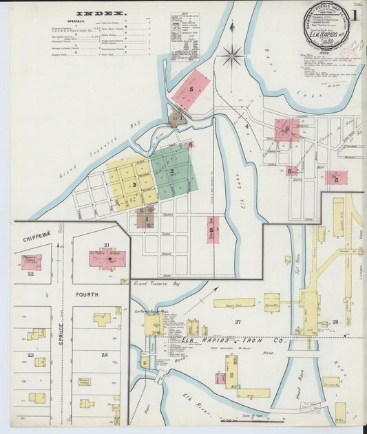 Sanborn Fire Insurance Map from Elk Rapids, Antrim County, Michigan (1895), Sheet #0001 - Historic Sanborn Fire Insurance Map Print, vintage old map wall art, antique decor, genealogy gift, Michigan Michigan map